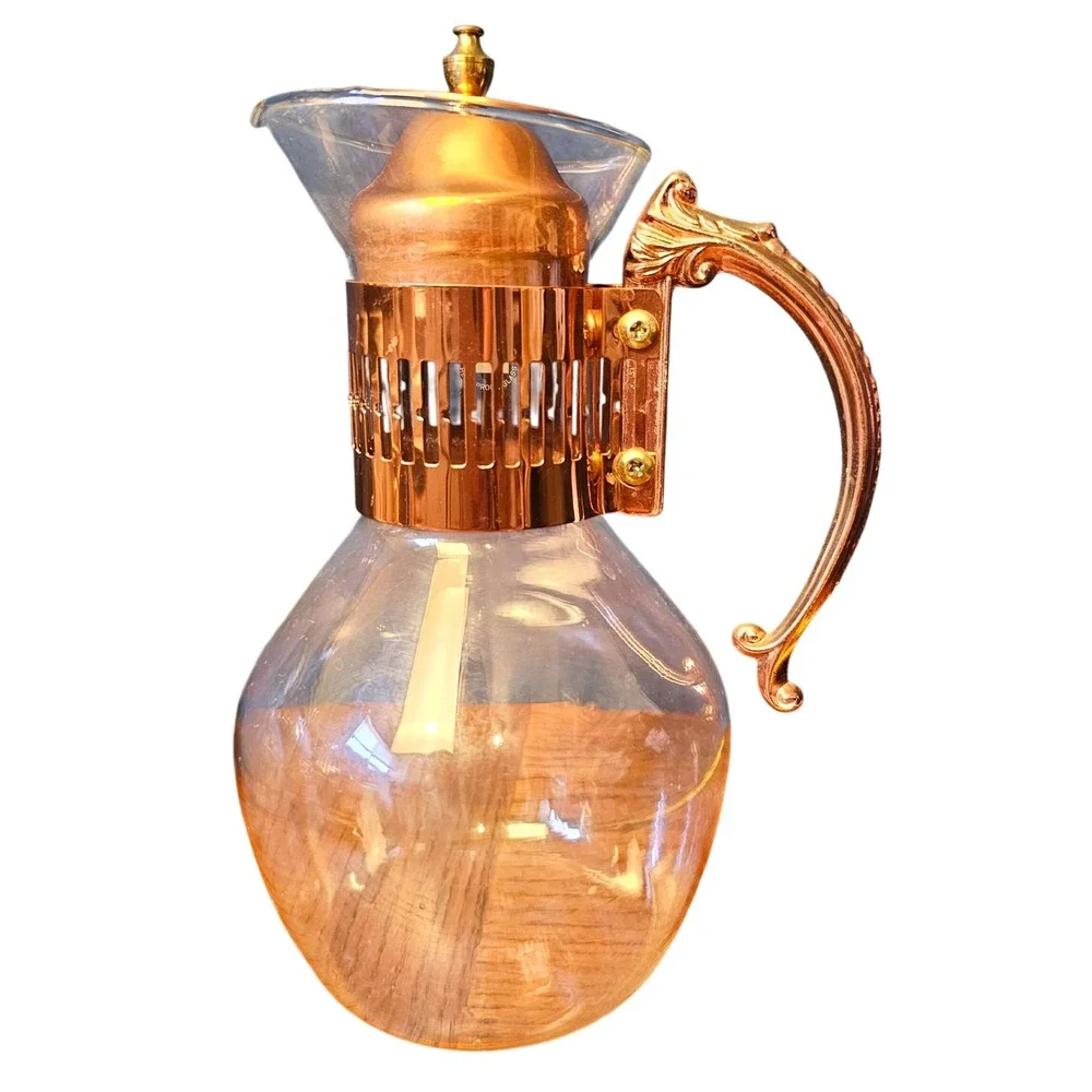 Vintage Glass Carafe with Copper Metal Collar and Ornate Scroll Handle 9.5in